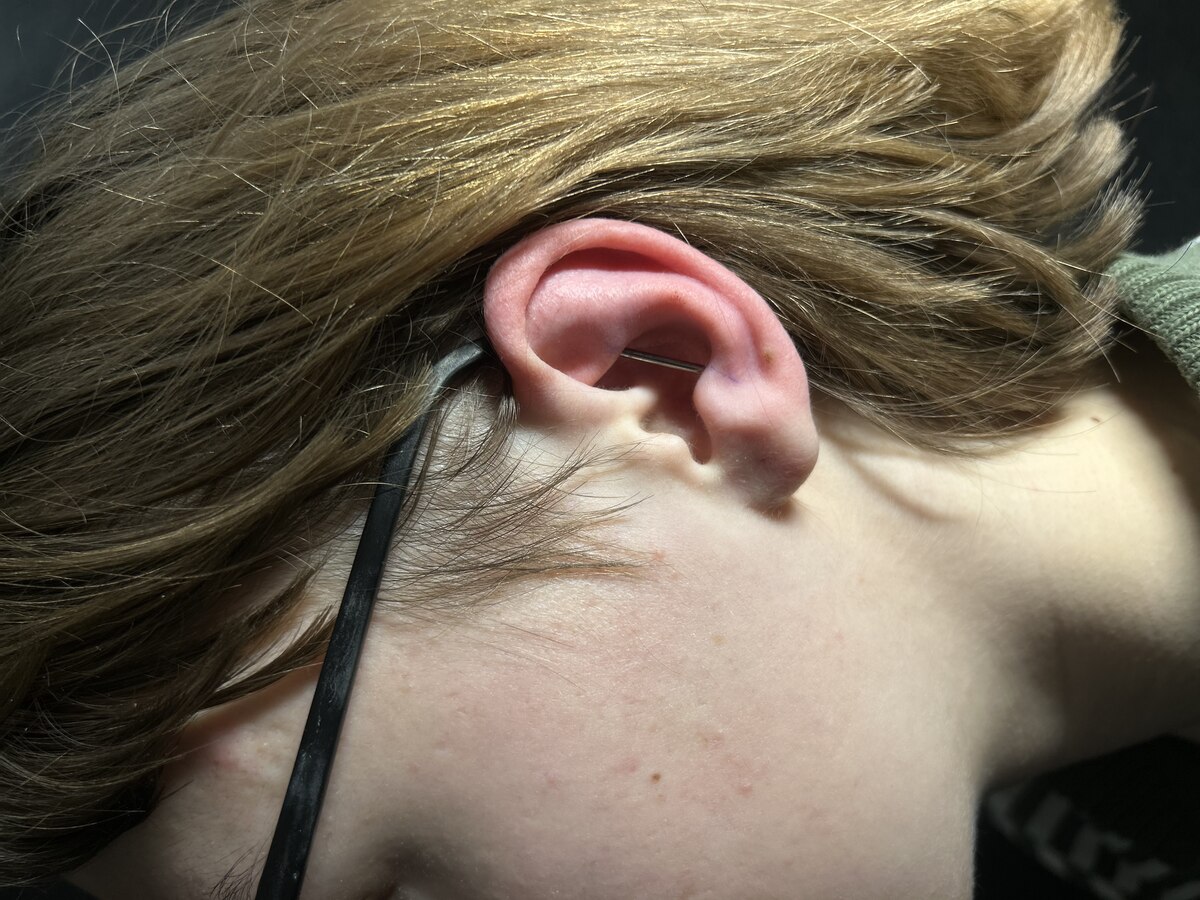 Piercing ucha, ujęcie z profilu – Rojo, More Life Tattoo Gniezno